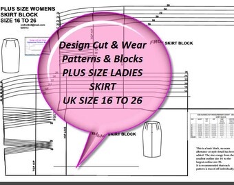 Plus Size Ladies Basic Skirt Block - UK Size 16 to 26 ( US Size 12 - 22) European Size 44'' to 54'' - Sloper - Design Your Own Patterns!