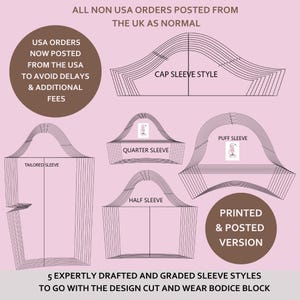 Puede incluir: Un fondo rosa muestra ilustraciones de cinco estilos de mangas: a medida, capa, cuarto, media y abullonada. El texto incluye "Versión impresa y publicada" y "5 estilos de mangas diseñados y graduados por expertos".