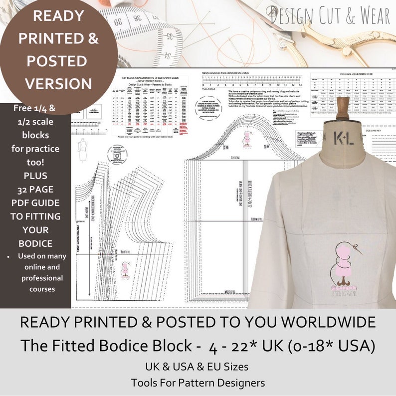 Basic Fitted Bodice Block UK 4-22 USA 0-18 & EU size conversions Ideal for Designer Pattern Makers and Dressmakers Printed and Posted image 1