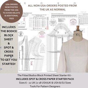 Basic Fitted Bodice Block -Sloper UK sizes 8-22 - USA (2-18) and European size conversions! Starter Kit- *With Added Spot & Cross Paper Pack