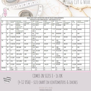 May include: A size chart for a fitted dress pattern in sizes 8 to 18. The chart includes measurements for bust, waist, hip, shoulder, and bust level. The chart is in both inches and centimeters. The chart is for a dress pattern that is designed to be fitted to the body.