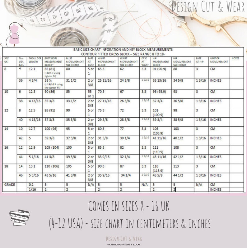 May include: A size chart for a fitted dress pattern in sizes 8 to 18. The chart includes measurements for bust, waist, hip, shoulder, and bust level. The chart is in both inches and centimeters. The chart is for a dress pattern that is designed to be fitted to the body.