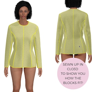 Peut inclure: Un haut &agrave; manches longues jaune clair avec un col rond et une taille ajust&eacute;e, soulign&eacute; de jaune. L'image montre les vues avant et arri&egrave;re du v&ecirc;tement. Texte sur un cercle rose : "SEWN UP IN CLO3D TO SHOW YOU HOW THE BLOCKS FIT!"