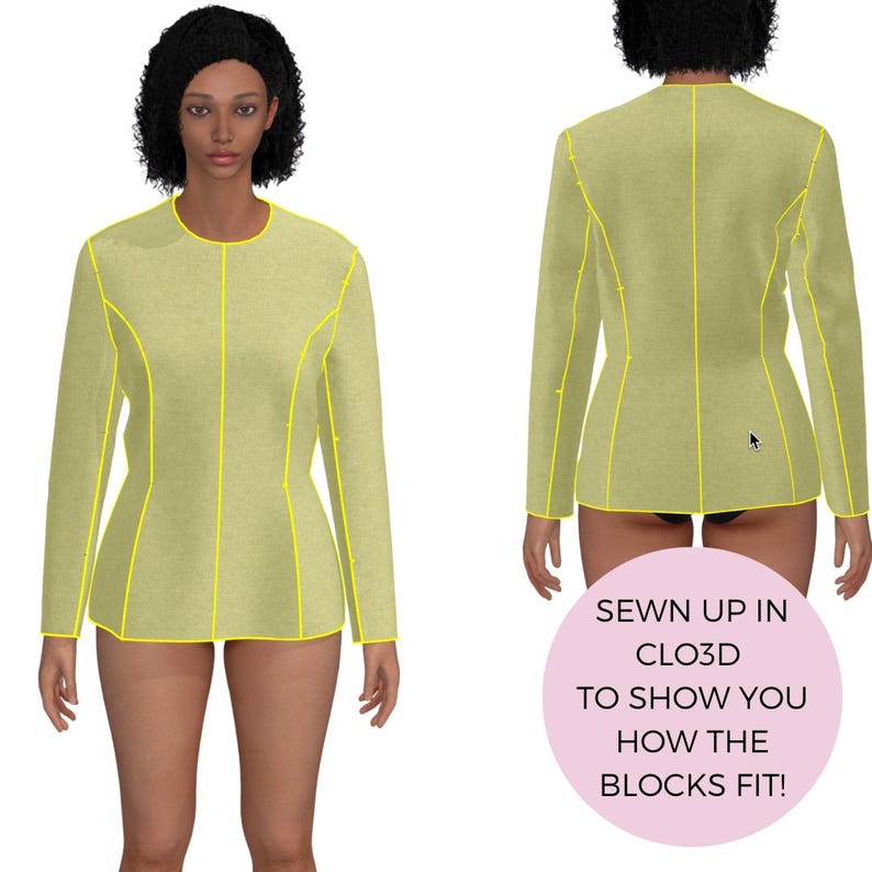 Peut inclure: Un haut &agrave; manches longues jaune clair avec un col rond et une taille ajust&eacute;e, soulign&eacute; de jaune. L'image montre les vues avant et arri&egrave;re du v&ecirc;tement. Texte sur un cercle rose : "SEWN UP IN CLO3D TO SHOW YOU HOW THE BLOCKS FIT!"