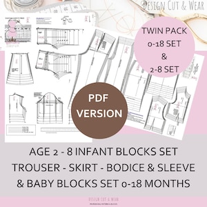 May include: A collection of sewing patterns for infant and baby clothing. The image includes pattern pieces for trousers, skirts, bodices, and sleeves. Text on the image reads "Twin Pack 0-18 Set & 2-8 Set" and "PDF Version". The patterns are for ages 0-18 months and 2-8 years.