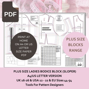 A4 Versión Carta de EE. UU. -PDF Bloque y manga de corpiño para mujer de talla grande - Talla de Reino Unido 16 a 26 - Talla de EE. UU. 12 a 22 - Talla europea de 44'' a 54'' - Sloper