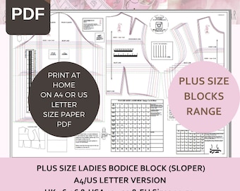 A4 Us Letter Version -PDF Plus Size Ladies Bodice Block & Sleeve - UK size 16 to 26 - US Size 12 to 22 - European Size 44'' to 54'' - Sloper