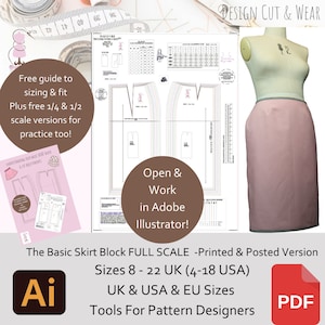 Basic Skirt Block - Detailed Measurements Supplied- Pattern Cutting Sloper -UK 8 - 22 USA equivalent 4-18 -Adobe Illustrator Version - PDF
