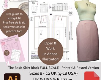 Basic Skirt Block - Detailed Measurements Supplied- Pattern Cutting Sloper -UK 8 - 22 USA equivalent 4-18 -Adobe Illustrator Version - PDF