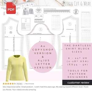 Op de afbeelding: Een gele shirt met lange mouwen wordt getoond met een naaipatroon en ontwerptools. Het patroon bevat afmetingen en tekst, waaronder "The Dartless Shirt Block Sizes" en "Ao Copyshop Version & A4/US Letter Version".