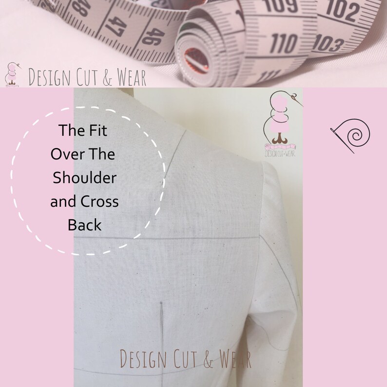 May include: A white fabric dress form with markings for sewing, showing the fit over the shoulder and cross back. The text "The Fit Over The Shoulder and Cross Back" is written in a circle around the dress form.