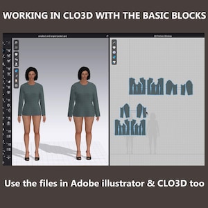 Peut inclure: Illustration num&eacute;rique montrant la cr&eacute;ation de v&ecirc;tements avec le logiciel CLO3D. L'image pr&eacute;sente un mod&egrave;le 3D portant un haut &agrave; manches longues et un short, ainsi que des patrons 2D. Le texte indique "WORKING IN CLO3D WITH THE BASIC BLOCKS" et "Use the files in Adobe illustrator & CLO3D too."
