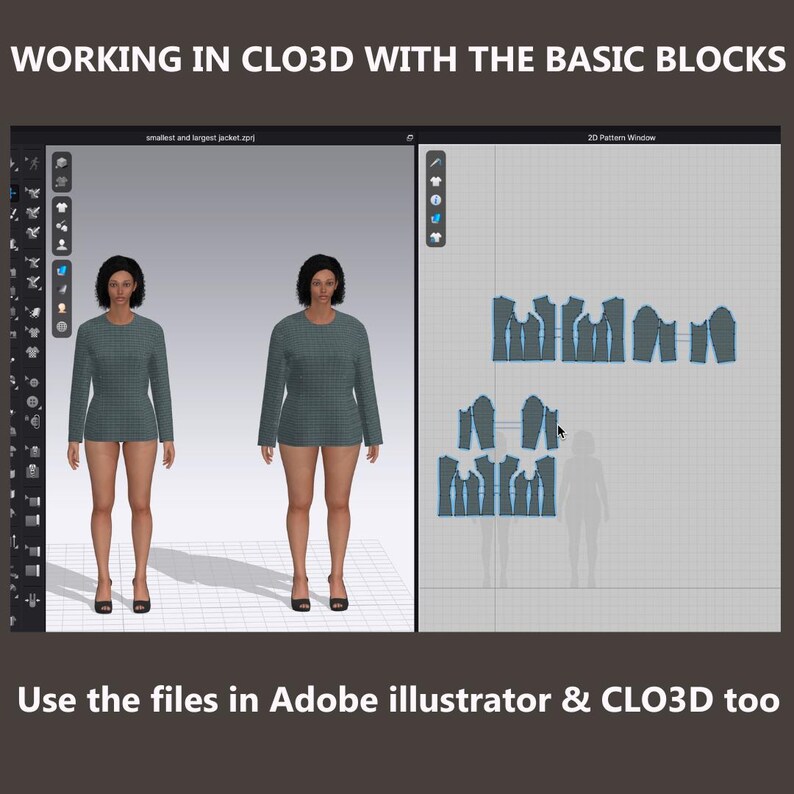 Peut inclure: Illustration num&eacute;rique montrant la cr&eacute;ation de v&ecirc;tements avec le logiciel CLO3D. L'image pr&eacute;sente un mod&egrave;le 3D portant un haut &agrave; manches longues et un short, ainsi que des patrons 2D. Le texte indique "WORKING IN CLO3D WITH THE BASIC BLOCKS" et "Use the files in Adobe illustrator & CLO3D too."