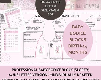 BABY Bodice Block - Birth - 24 Months - Height 56-92 CM -22 1/16- 36 1/4”- Professional Detailed Size Charts Supplied - Print at Home PDF.