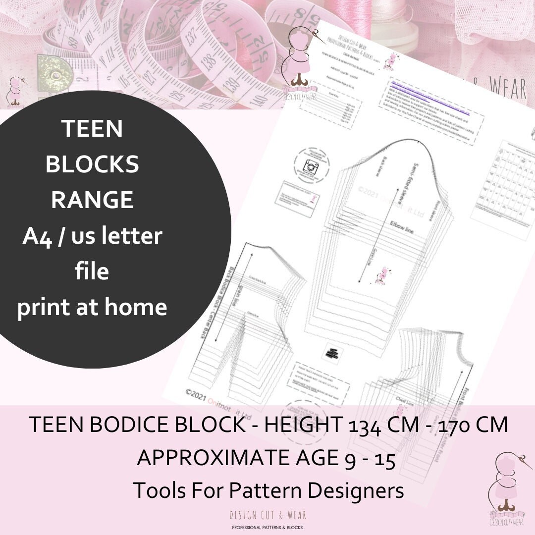 Bodice & Sleeve Pattern Block Age 9-15 - Tween-teen Sloper - Height ...