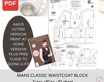 MANS FITTED Waistcoat- Basic Block Sloper-Chest Size 38"-48" A4-US Letter Version - Print at home - Colour or Black & White -Free Fit Guide