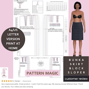 Peut inclure: Un patron de couture numérique pour un patron de base de jupe Bunka. Le patron comprend des diagrammes, des mesures et le texte "A4/US LETTER VERSION PRINT AT HOME". Un modèle porte une jupe foncée. Le texte "PATTERN MAGIC" est également visible.