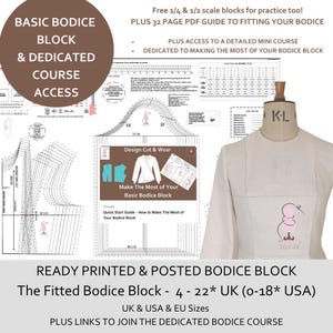 Op de afbeelding: Afbeelding met een naaipatroon en cursusmateriaal voor een getailleerd lijfblok. De afbeelding bevat een paspop met een mock-up, patroondelen en de tekst "Basic Bodice Block & Dedicated Course Access".