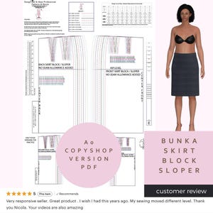 Peut inclure: Un patron de couture numérique pour un patron de base de jupe, avec des diagrammes et des mesures. L'image comprend un modèle 3D portant une jupe gris foncé. Le texte comprend "BUNKA SKIRT BLOCK SLOPER" et "Ao COPSYSHOP VERSION PDF".
