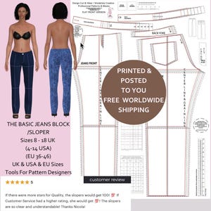 Peut inclure: Un patron de base de jean à devant plat, tailles 8-18 UK, 4-14 USA et EU 36-46. Le patron comprend une vue avant et arrière d'un jean, avec le texte "PRINTED & POSTED TO YOU FREE WORLDWIDE SHIPPING".