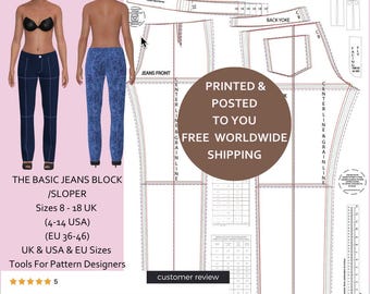 Basic Jeans Block - Flat Front Version OR Classic Jeans with Pocket - UK, USA and Eu Sizes - Printed & Posted - Worldwide - Free of Charge