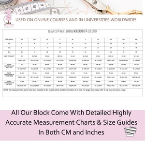 May include: A chart with measurements in inches and centimeters for different sizes of clothing. The chart includes bust, waist, hip, and nape to waist measurements. The chart is titled "Design Cut & Wear - General Measurement & Size Guide".