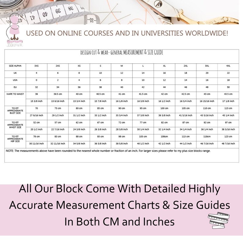 May include: A chart with measurements in inches and centimeters for different sizes of clothing. The chart includes bust, waist, hip, and nape to waist measurements. The chart is titled "Design Cut & Wear - General Measurement & Size Guide".