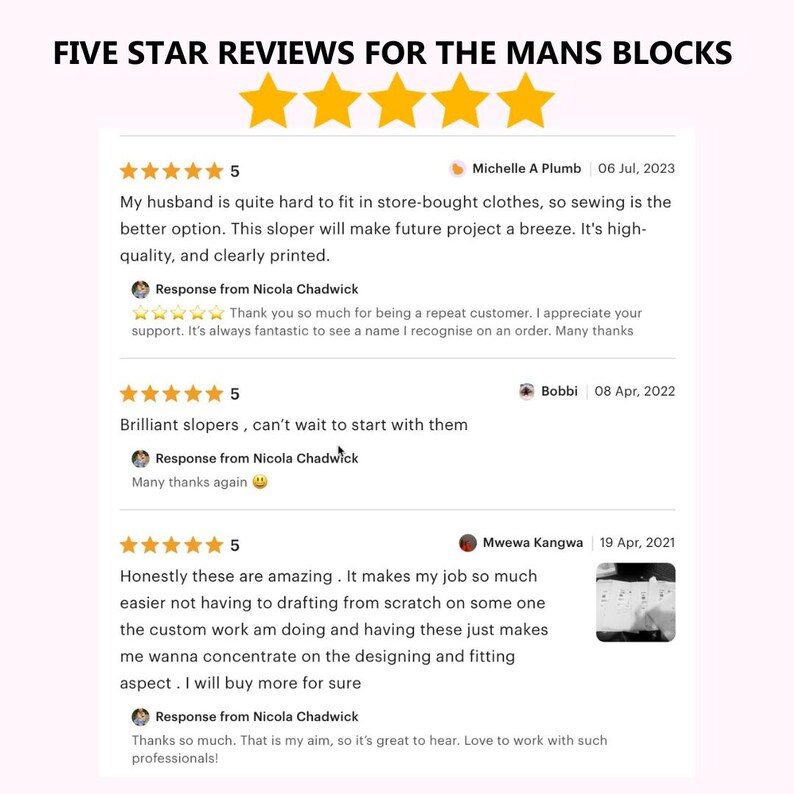 以下が含まれることがあります： 「The Mans Blocks」の顧客レビューの画像で、5つ星評価が付いています。レビューでは、製品の品質と使いやすさを称賛し、縫製プロジェクトを容易にすることについてコメントしています。テキストには日付と顧客名が含まれています。