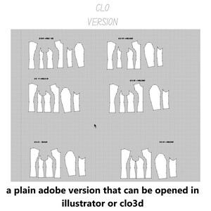 Peut inclure: Disposition num&eacute;rique de patrons sur fond de grille grise. La disposition comprend plusieurs pi&egrave;ces de patron de v&ecirc;tement blanches. Le texte "CLO VERSION" est en haut et le texte "a plain adobe version that can be opened in illustrator or clo3d" est en bas.