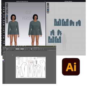 Peut inclure: Un espace de travail de conception num&eacute;rique pr&eacute;sentant un mod&egrave;le 3D de veste, des pi&egrave;ces de patron et une mise en page de patron. L'image comprend &eacute;galement le logo Adobe Illustrator, indiquant l'utilisation d'un logiciel de conception pour la mode et la cr&eacute;ation de v&ecirc;tements.