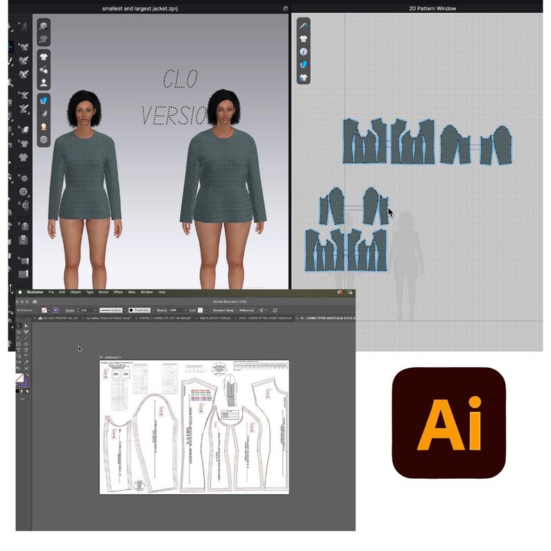 Peut inclure: Un espace de travail de conception num&eacute;rique pr&eacute;sentant un mod&egrave;le 3D de veste, des pi&egrave;ces de patron et une mise en page de patron. L'image comprend &eacute;galement le logo Adobe Illustrator, indiquant l'utilisation d'un logiciel de conception pour la mode et la cr&eacute;ation de v&ecirc;tements.