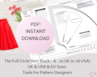 Full Circle Skirt Block-  Waist Size 53 cm - 93 cm or 21 Inches to 37 Inches- PDF- print at home today- Sloper - Design Your Own Patterns