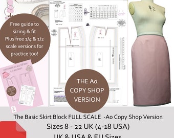 Basic Skirt Block - Detailed Measurements Supplied- Pattern Cutting Sloper -UK 8 - 22 USA equivalent 4-18 -A0 Copy Shop Version - PDF
