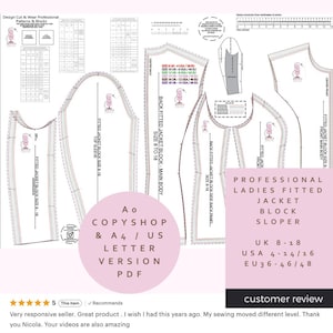 Op de afbeelding: Een wit en grijs naaipatroon voor een professionele damesjas. Het patroon toont maten UK 8-18, USA 4-14/16 en EU 36-46/48. De tekst "Ao COPSHOP & A4 / US LETTER VERSION PDF" is ook zichtbaar.