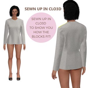 Peut inclure: Un haut gris clair &agrave; manches longues avec une taille ajust&eacute;e est pr&eacute;sent&eacute; de face et de dos. Le texte "SEWN UP IN CLO3D" et "SEWN UP IN CLO3D TO SHOW YOU HOW THE BLOCKS FIT!" sont affich&eacute;s. Le haut fait partie d'une conception de v&ecirc;tements.