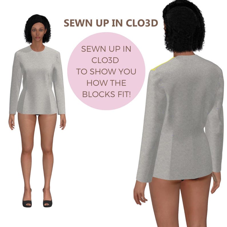 Peut inclure: Un haut gris clair &agrave; manches longues avec une taille ajust&eacute;e est pr&eacute;sent&eacute; de face et de dos. Le texte "SEWN UP IN CLO3D" et "SEWN UP IN CLO3D TO SHOW YOU HOW THE BLOCKS FIT!" sont affich&eacute;s. Le haut fait partie d'une conception de v&ecirc;tements.
