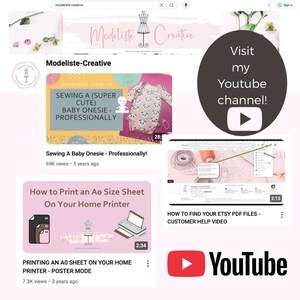 以下が含まれることがあります： EtsyショップModeliste-CreativeのYouTubeチャンネルのスクリーンショット。このチャンネルでは、ベビーロンパースのチュートリアルやA0サイズのシートの印刷方法など、縫製に関する動画を公開しています。YouTubeチャンネルへの訪問を促す行動喚起があります。