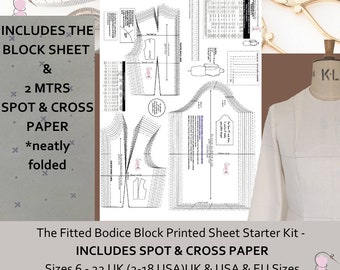 Basic Fitted Bodice Block -Sloper UK sizes 8-22 - USA (2-18) and European size conversions! Starter Kit - **With 2 Meters Spot & Cross Paper