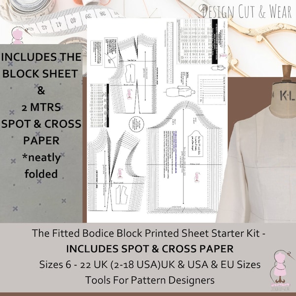 Basic Fitted Bodice Block -Sloper UK sizes 8-22 - USA (2-18) and European size conversions! Starter Kit - **With 2 Meters Spot & Cross Paper