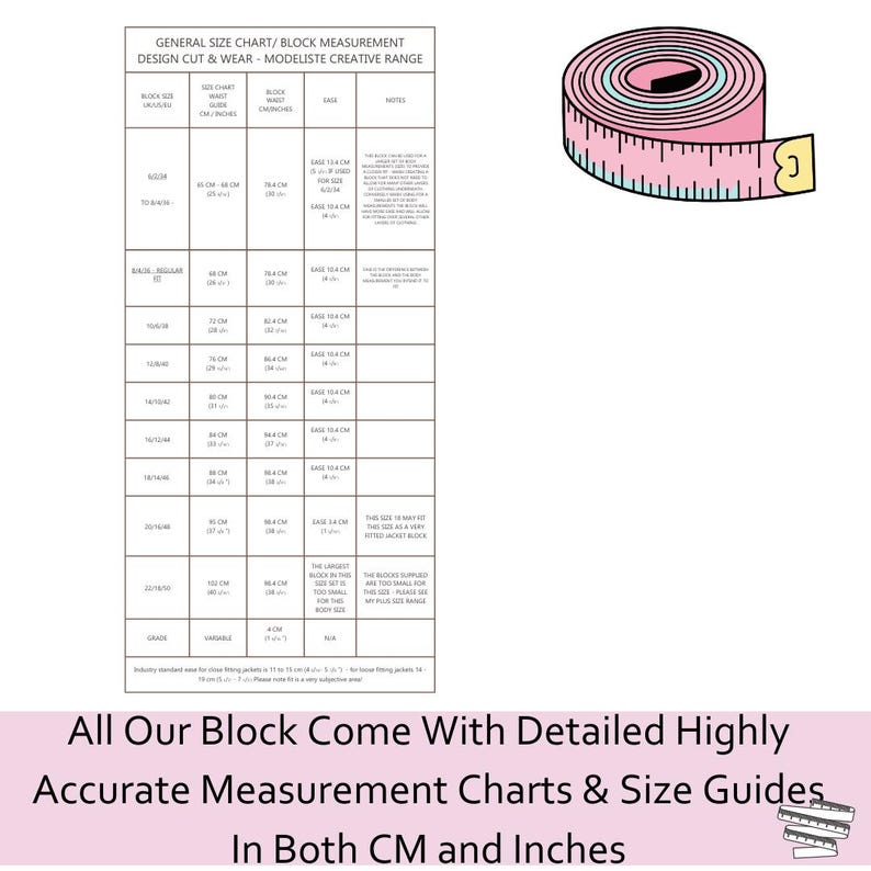Peut inclure: Un ruban &agrave; mesurer rose &agrave; c&ocirc;t&eacute; d'un tableau des tailles avec des mesures en cm et en pouces. Le tableau comprend les mesures de la taille, de la poitrine et des hanches. Le texte en bas indique : "All Our Block Come With Detailed Highly Accurate Measurement Charts & Size Guides In Both CM and Inches."