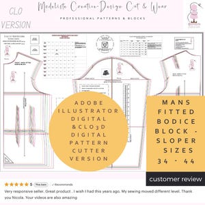 Mans Fitted Bodice Block-Sizes 44-54 EU Chest Sizes 86cm-111cm Or UK SIZE 34-44- Adobe illustrator & Clo3D Version