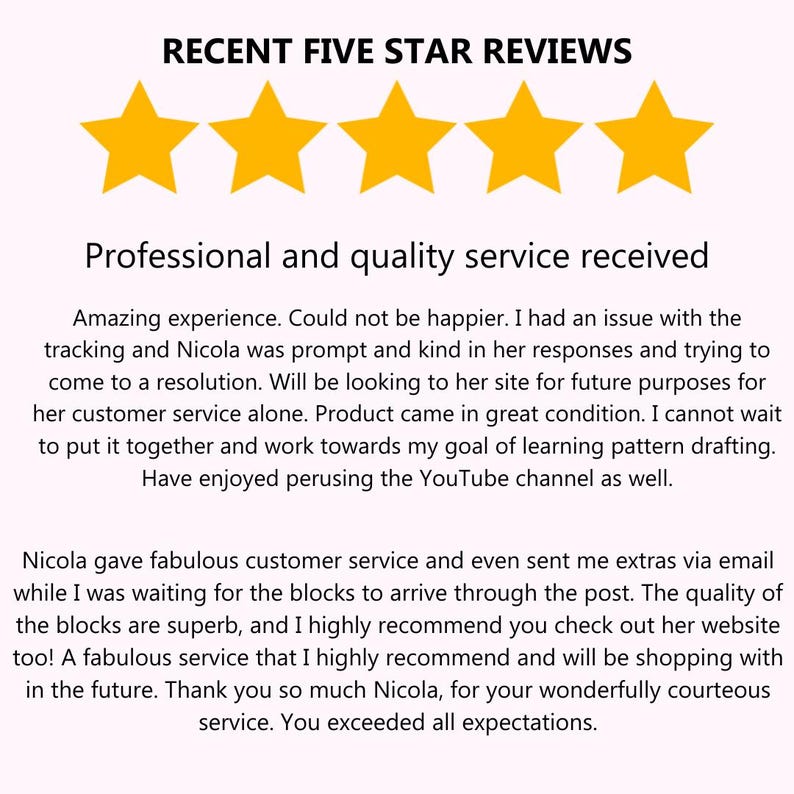 以下が含まれることがあります： 画像には「RECENT FIVE STAR REVIEWS」と4つの金色の星が表示されています。下には「Professional and quality service received」というテキストがあり、顧客レビューが続きます。レビューはサービスと製品の品質を称賛しています。