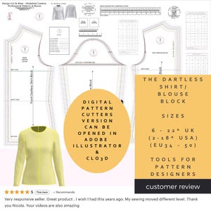 Op de afbeelding: Een digitaal patroon voor een dartloze shirt/blouse blok. De afbeelding bevat een gele longsleeve shirt, patroondelen en de tekst "Digital Pattern Cutters Version Can Be Opened in Adobe Illustrator & CLO3D". Maten 6-22 UK (2-18 USA).