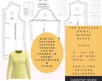 The Dartless Blouse Block, Ideal as a basic block for shirts and blouses! Adobe illustrator & CLO3D Version - Digital Pattern Cutters