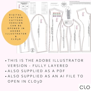 Peut inclure: Un patron num&eacute;rique pour coupeurs, pr&eacute;sentant divers mod&egrave;les de blocs de veste. L'image comprend du texte indiquant qu'il peut &ecirc;tre ouvert dans Adobe Illustrator et CLO3D. Le patron est enti&egrave;rement en couches et fourni en PDF et AI.