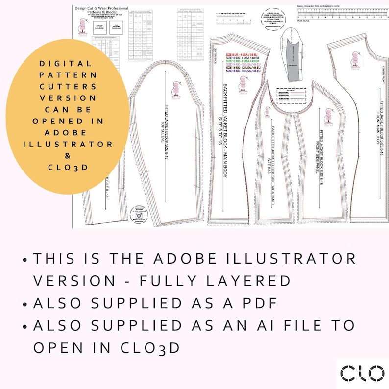 Peut inclure: Un patron num&eacute;rique pour coupeurs, pr&eacute;sentant divers mod&egrave;les de blocs de veste. L'image comprend du texte indiquant qu'il peut &ecirc;tre ouvert dans Adobe Illustrator et CLO3D. Le patron est enti&egrave;rement en couches et fourni en PDF et AI.