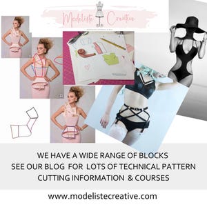 Peut inclure: Collage d'&eacute;l&eacute;ments de design de mode. Comprend une femme en maillot de bain noir et une femme en robe rose avec un design de corset. Comprend &eacute;galement des blocs de patrons, des croquis et le texte "Modeliste Creative". Le texte dit aussi "WE HAVE A WIDE RANGE OF BLOCKS SEE OUR BLOG FOR LOTS OF TECHNICAL PATTERN CUTTING INFORMATION & COURSES".