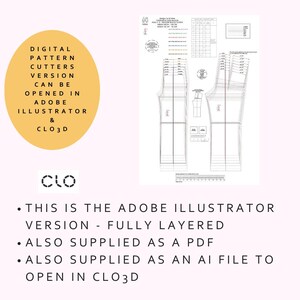 以下が含まれることがあります： Adobe Illustrator および CLO3D で開くように設計された、カッター用のデジタルパターン。画像は、寸法と注釈が付いた衣服パターンの詳細な技術図面を示しています。パターンは完全にレイヤー化されており、PDF および AI ファイルとして提供されます。