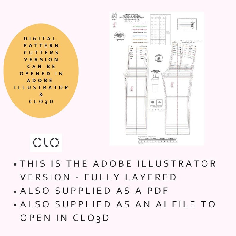 以下が含まれることがあります： Adobe Illustrator および CLO3D で開くように設計された、カッター用のデジタルパターン。画像は、寸法と注釈が付いた衣服パターンの詳細な技術図面を示しています。パターンは完全にレイヤー化されており、PDF および AI ファイルとして提供されます。