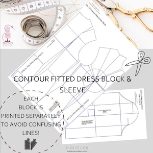 May include: A printable sewing pattern for a contour fitted dress and sleeve. The pattern is printed separately to avoid confusing lines. The pattern is for size 12.